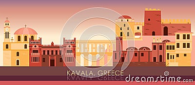 Sunset Skyline panorama of city of Kavala, Greece Cartoon Illustration