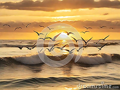 Sunset soiree: Seagull ballet above the ocean waves Stock Photo