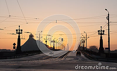 Sunset on the Stone bridge Akmens tilts in Riga Stock Photo