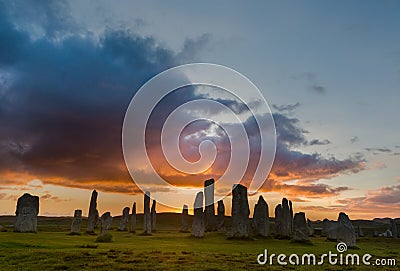 Sunset with Stone circle Stock Photo
