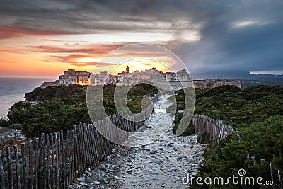 Sunset and storm over the Old Town of Bonifacio Stock Photo