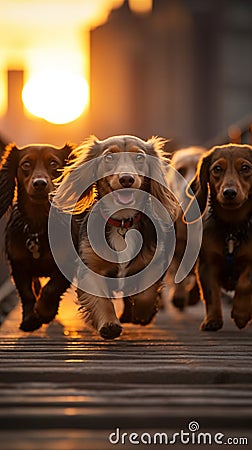 Sunset stroll a group of dachshund dogs in New York City Stock Photo