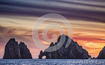 Sunset with a stunning beautiful sky above the Coastline California Peninsula. Mexico. Cartoon Illustration