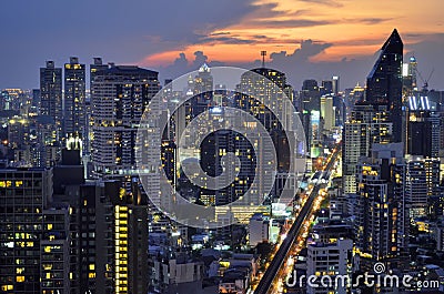 Sunset on Sukhumvit buildings in Bangkok Editorial Stock Photo