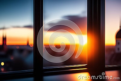 sunset sun flares on windows glass frame view on old town at summer evening Stock Photo