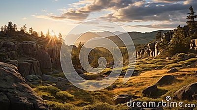 Golden Hour Wilderness Landscape: Photorealistic Image Of A Grassy Valley Stock Photo