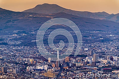 sunset or sun rise of Hakodate cityscape with Skyline and office building and downtown of Hakodate is populars ciy from toursim Stock Photo