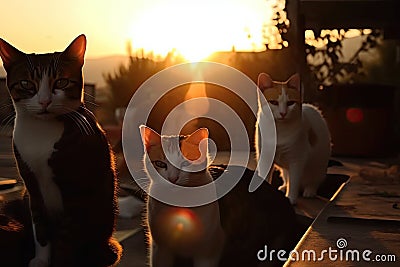 sunset, with the sun setting behind a group of cats, their eyes shining in the light Stock Photo