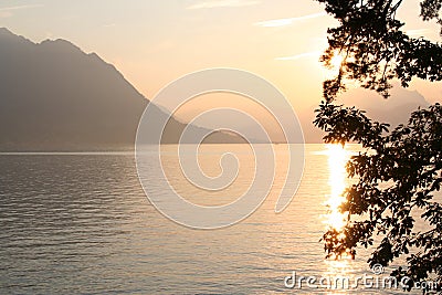 Sunset sun on Swiss Lake, Luzern, Switzerland Stock Photo