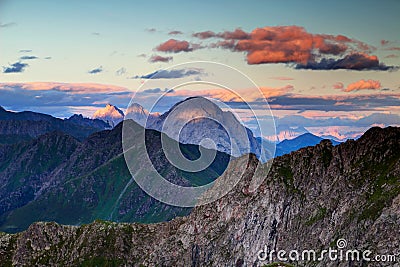 Sharp peaks at sunset in Carnic Alps main ridge and Julian Alps Stock Photo