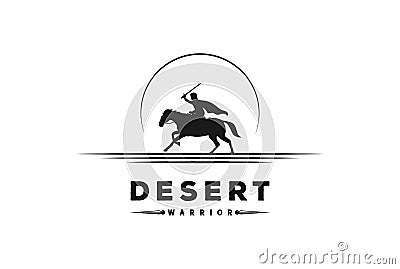 Sunset Sunrise Equestrian Horseback Knight Silhouette or Horse Warrior Paladin Medieval with Desert Land Logo Design Vector Vector Illustration