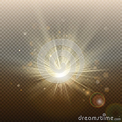 Sunset or sunrise golden glowing bright flash effect. Warm burst with rays and spotlight. Sun realistic lights template Vector Illustration