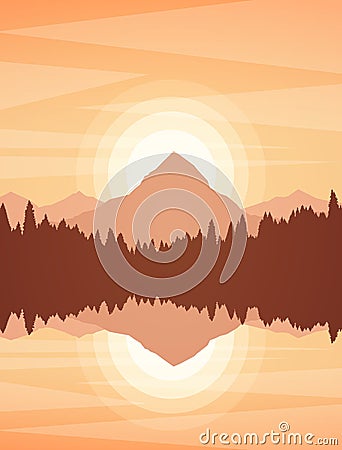 Sunset or Sunrise Mountain Lake landscape with pine forest and reflection Vector Illustration