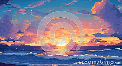 Sunset or sunrise in ocean, nature landscape background, pink clouds. Evening or morning view pixel art illustration. Cartoon Illustration