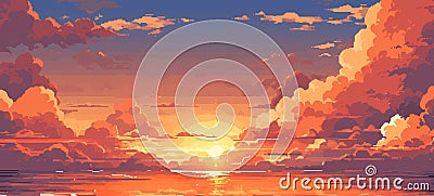 Sunset or sunrise in ocean, nature landscape background, pink clouds. Evening or morning view pixel art illustration. Cartoon Illustration