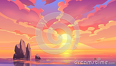 Sunset or sunrise in ocean, nature landscape. Vector Illustration