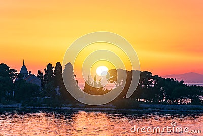 Sunset or sunrise sky above the sea. Nature, weather, atmosphere, travel theme. Sunrise or sunset over the sea. Panorama Stock Photo