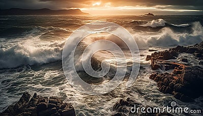 Sunset surf crashing on rocky coastline cliff generated by AI Stock Photo