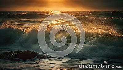 Sunset surf splashing on rocky waters edge generated by AI Stock Photo