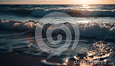 Sunset surf splashing on tranquil water surface generated by AI Stock Photo