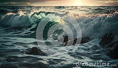 Sunset surf splashing, wet sand reflecting beauty generated by AI Stock Photo