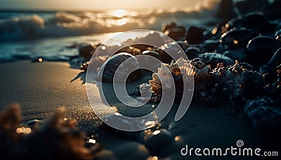 Sunset surf, tranquil scene, beauty in nature generated by AI Stock Photo