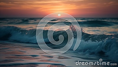 Sunset surfers ride waves in tranquil twilight generated by AI Stock Photo