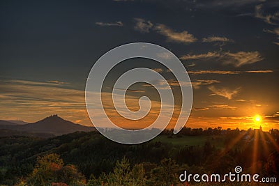 Sunset at the swabian alb with view to the castle Hohenzollern Stock Photo