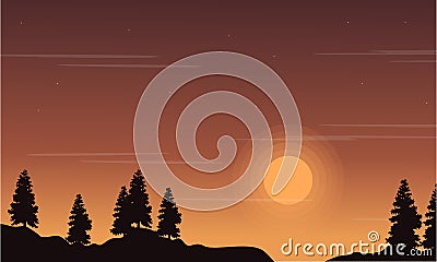At sunset tree on the hill landscape Vector Illustration