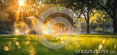 Sunset through trees with lawn sprinklers Stock Photo