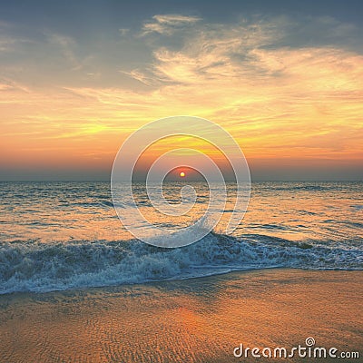 Sunset Twilight Dusk Beach Wave San Concept Stock Photo