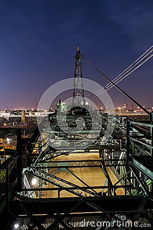 Sunset / Twilight View - Abandoned Cuyahoga River Lift Bridge in Cleveland, Ohio Stock Photo