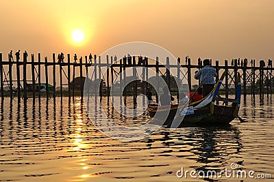 Sunset on U Bein Bridge, Amarapura, Myanmar Burma Editorial Stock Photo