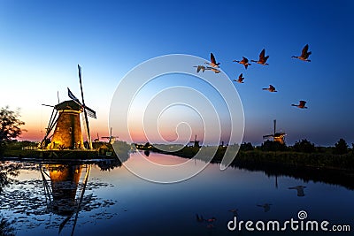 Sunset at Unesco world heritage windmills Stock Photo