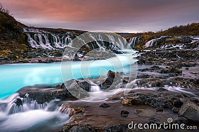 Sunset with unique waterfall - Bruarfoss Stock Photo