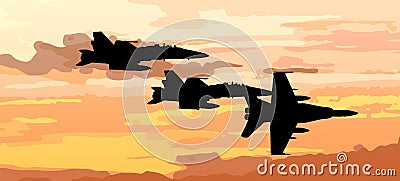 Sunset vector with airplane jet fighter Vector Illustration