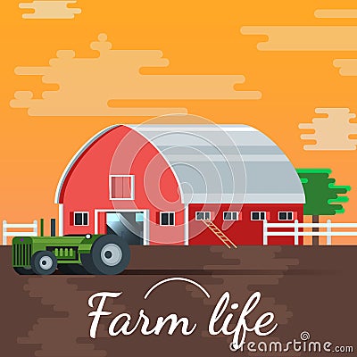 Sunset Vector Farm House Illustration Background Vector Illustration