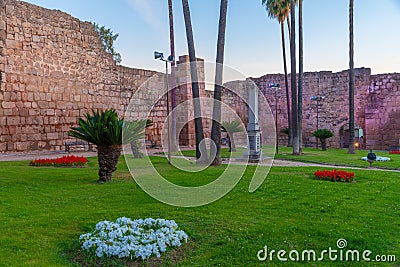 Sunset view of Alcazaba fortress in Merida, Spain. Editorial Stock Photo