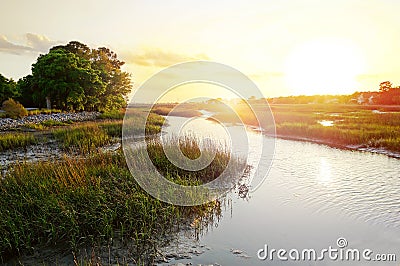 Sunset view along the marsh in the Low Country near Charleston SC Stock Photo