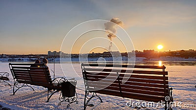 Sunset view at Angara river in Irkutsk in Russia in the begining of March Editorial Stock Photo