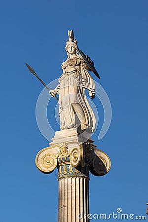 Sunset view of Athena statue in front of Academy of Athens, Attica, Greece Stock Photo