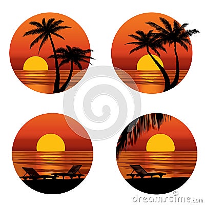 Sunset view in beach with palm tree. Tropical resort set Stock Photo