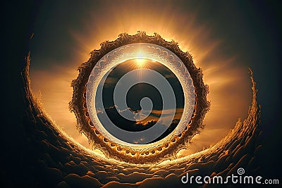 Sunset view at a beautiful fantasy unreal landscape. center circular plant with sun and tree can be see in the middle, Stock Photo