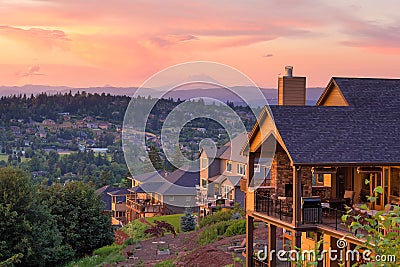 Sunset View from Deck of Luxury Homes Stock Photo