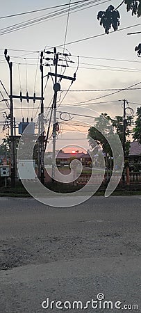 Sunset view electric cable wire Stock Photo