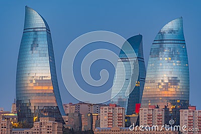 Sunset view of Flame towers in Baku, Azerbaijan Stock Photo