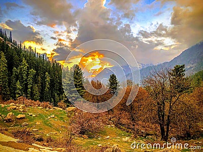 Beautiful sunset view mountains kheerganga Himachal Stock Photo