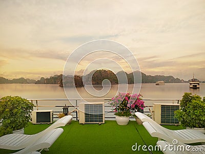Sunset view from luxurious cruise trip to limestone mountains Stock Photo