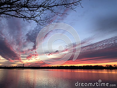 Colourful sunset at the lake Boschmolenplas Stock Photo