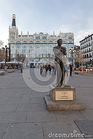 Sunset view of Monument of Federico Garcia Lorca at Plaza Santa Ana in City of Madrid, Spain Editorial Stock Photo